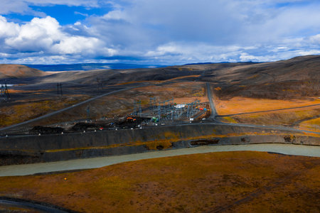 Aerial Icelandic highlands with glacial river