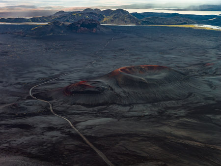 Aerial cinder cone and lava plain near Landmannalaugar, Icelandの写真素材