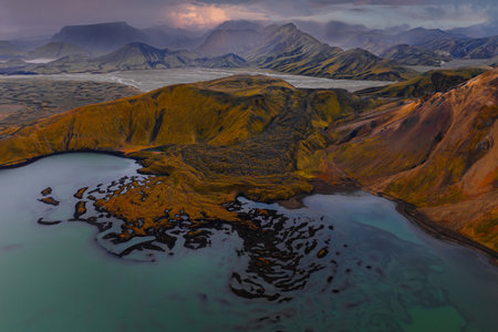 Aerial Iceland highlands near Landmannalaugar with rhyolite peaksの写真素材