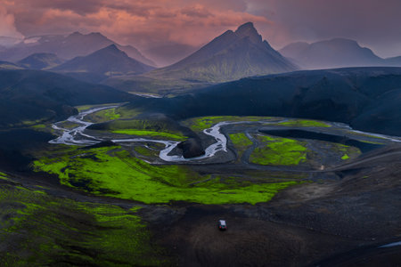 Aerial dusk view of Landmannalaugar rivers and volcanic sands in Icelandの写真素材