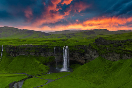 Aerial view of Seljalandsfoss at sunset in southern Icelandの写真素材