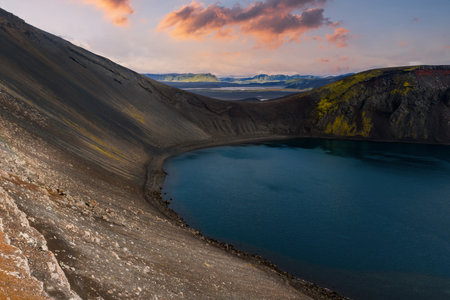 Aerial view of Ljotipollur crater lake in Icelands Highlands at duskの写真素材