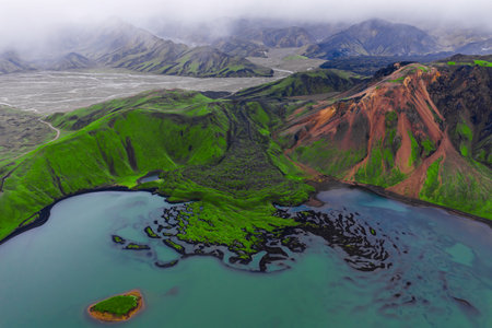 Aerial view of Landmannalaugar rhyolite and moss with turquoise lakeの写真素材