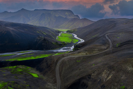 Aerial glacial river through volcanic highlands near Landmannalaugar