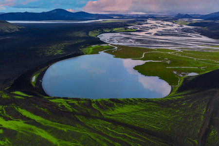 Aerial crater lake and braided rivers near Landmannalaugar, Icelandの写真素材