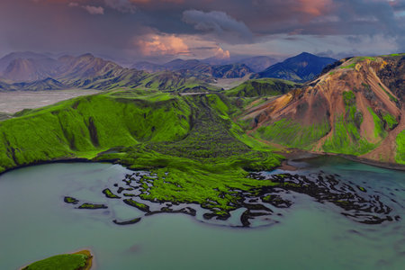 Aerial view of Landmannalaugar lagoon, ridges, and lava isletsの写真素材