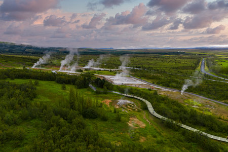 Aerial view of steam vents and boardwalk at Geysir, Haukadalurの写真素材