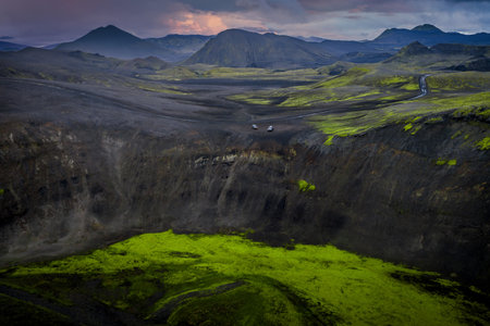 Aerial view of mossy crater and lava fields in Landmannalaugar, Icelandの写真素材