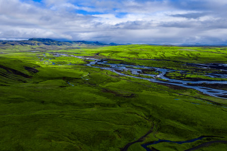 Aerial view of Icelandic highlands near Landmannalaugar, rivers and lavaの写真素材
