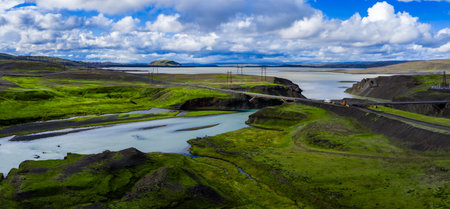 Aerial glacial river and hydro lake in Iceland highlands, daylight