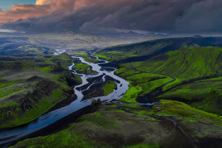Aerial braided glacial river in Iceland highlands near Landmannalaugarの写真素材