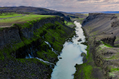 Aerial view of Sigoldugljufur canyon with glacial river in Icelandの写真素材