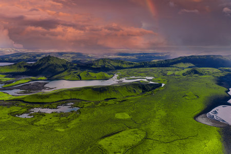 Aerial volcanic plateau in Iceland highlands with lakes and cratersの写真素材