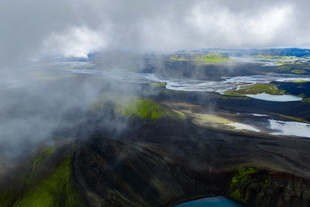 Aerial highland rivers and volcanic sands near Landmannalaugar, Iceland
