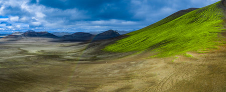 Aerial panorama of Landmannalaugar mossed rhyolite and ash plainsの写真素材
