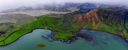 Aerial view of Landmannalaugar crater lake and rhyolite mountains, Icelandの写真素材