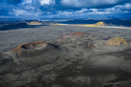 Aerial volcanic plain near Landmannalaugar with cinder cones and ashの写真素材