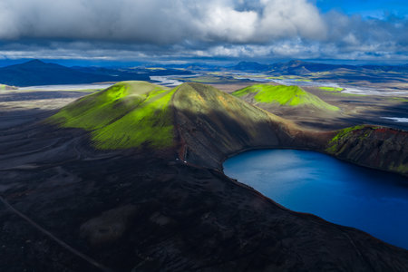 Aerial view of Landmannalaugar rhyolite hills and crater lake, Icelandの写真素材