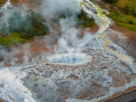 Aerial view of steaming hot spring at Geysir area, Golden Circleの写真素材