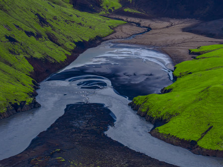 Aerial glacial river patterns near Landmannalaugar in Icelandの写真素材