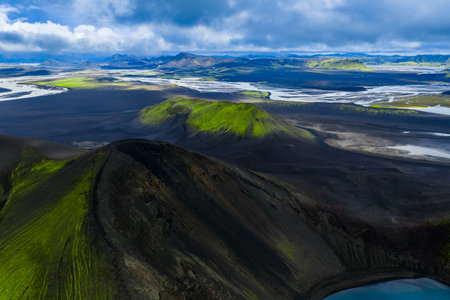 Aerial view of Landmannalaugar highlands with ridges and riversの写真素材