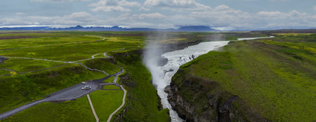 Aerial panorama of Gullfoss waterfall and canyon in southwest Iceland