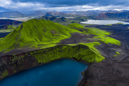 Aerial moss ridge and crater lake in Landmannalaugar Highlands, Icelandの写真素材
