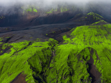 Aerial moss covered volcanic slopes near Landmannalaugar, Icelandの写真素材