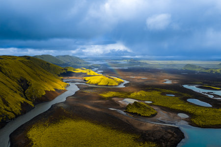 Aerial view of braided rivers and mossy lava near Landmannalaugarの写真素材