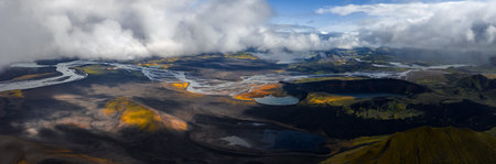 Aerial panorama of braided glacial rivers over volcanic plains in Icelandの写真素材