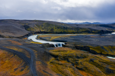 Aerial view of Haifoss waterfall and glacial river in Icelands interiorの写真素材