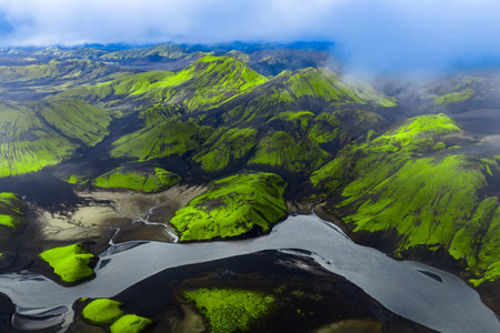 Aerial view of Landmannalaugar highlands with mossy ridges and riversの写真素材