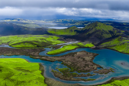 Aerial mosaic of moss, lava, and waterways near Landmannalaugarの写真素材