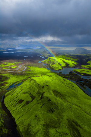 Aerial of moss covered hills and volcanic ridges in Fjallabak Reserveの写真素材