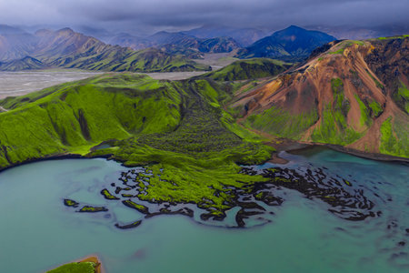 Aerial mosaic of moss, lava, and rhyolite in Landmannalaugar Icelandの写真素材