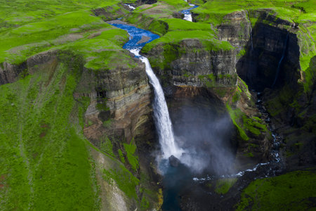 Aerial view of Haifoss waterfall and basalt canyon in southern Icelandの写真素材