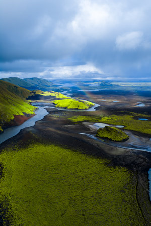 Aerial highlands near Landmannalaugar with moss lava and riversの写真素材