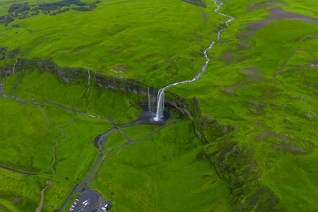 Aerial view of Seljalandsfoss waterfall and river on Icelands South Coastの写真素材