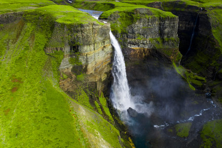Aerial view of Haifoss waterfall and gorge in southern Icelandの写真素材