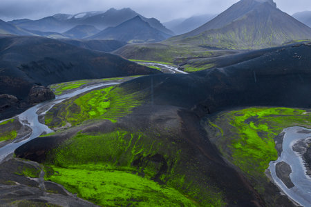 Aerial view of braided rivers in Iceland near Landmannalaugarの写真素材