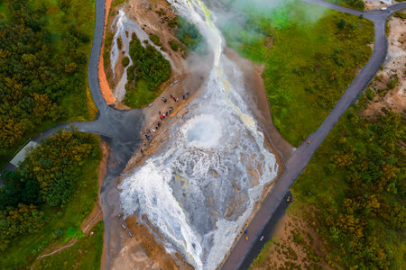 Aerial view of Geysir geothermal area in Haukadalur, Icelandの写真素材
