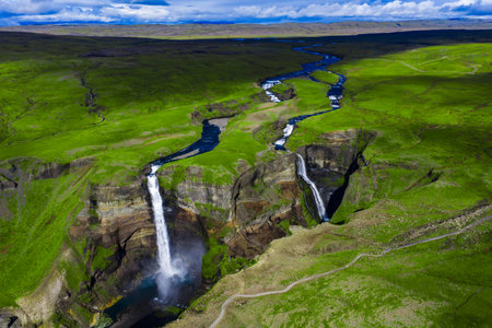 Aerial view of Haifoss and Granni waterfalls in Thjorsardalurの写真素材
