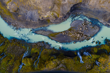 Aerial view of Sigoldugljufur canyon and glacial river in Icelandの写真素材