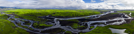 Aerial view of braided glacial river in Iceland near Landmannalaugarの写真素材
