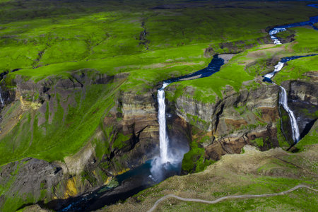 Aerial view of Haifoss waterfall and basalt canyon in Icelandの写真素材