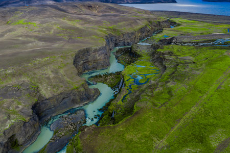 Aerial view of Sigoldugljufur Canyon and glacial river in Icelandの写真素材