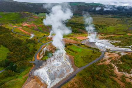 Aerial geothermal field of Haukadalur with Strokkur and Geysirの写真素材