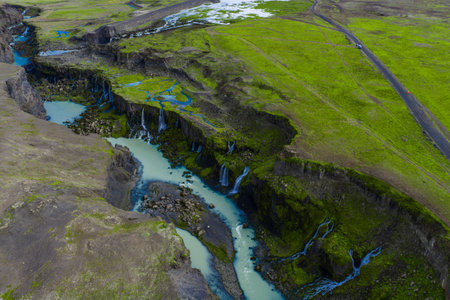 Aerial view of Sigoldugljufur canyon and waterfalls in Icelandの写真素材