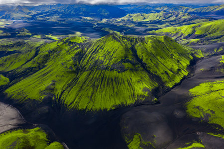 Aerial moss capped volcanic massif near Landmannalaugar, Icelandの写真素材
