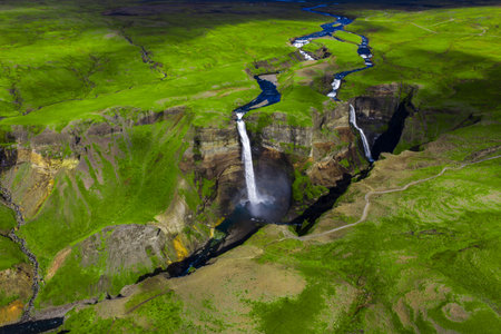 Aerial view of Haifoss waterfall and canyon in southern Icelandの写真素材